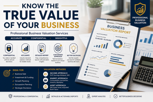 Professional business valuation service banner featuring a valuation report, financial charts, calculator, and the headline “Know the True Value of Your Business” with icons representing confidential, accurate, and insightful business analysis.