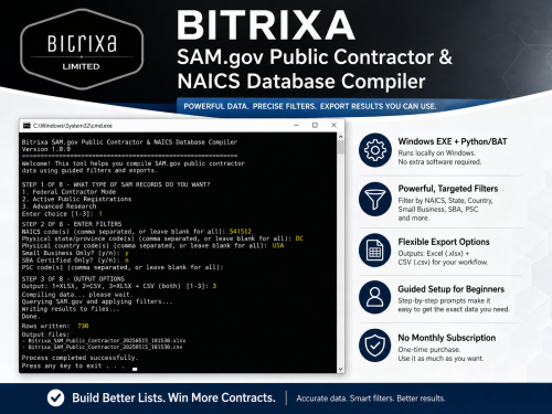 Bitrixa SAM.gov contractor database compiler Windows CMD interface